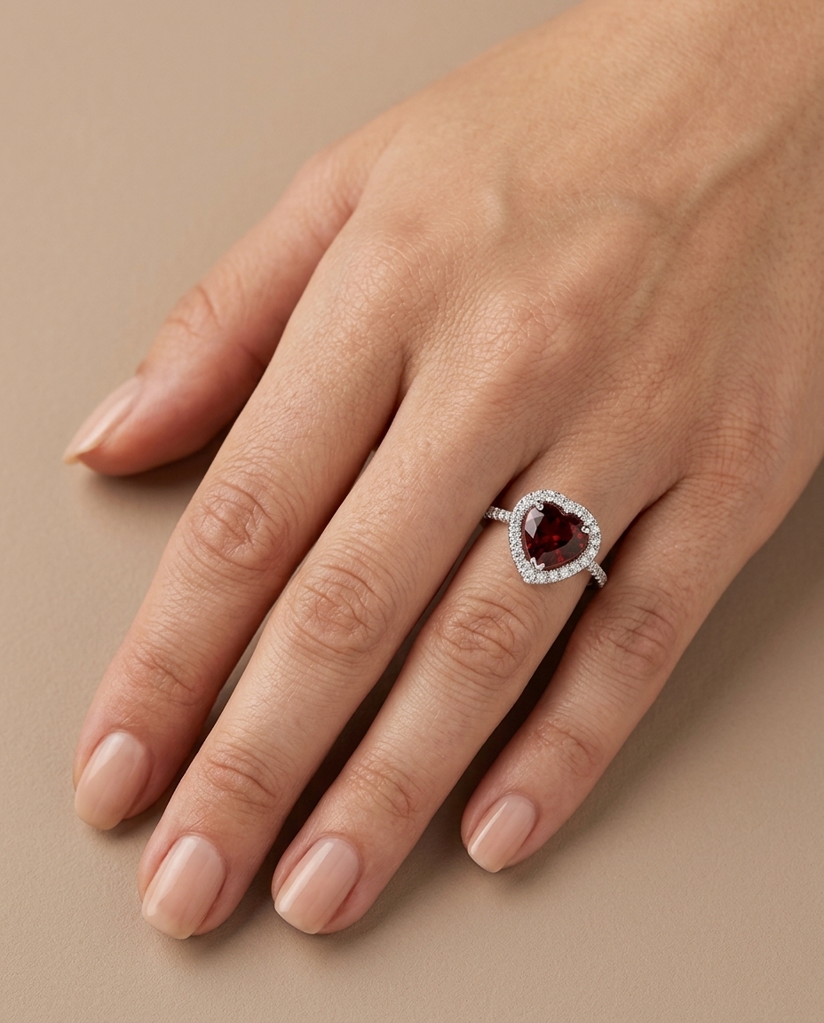 14KT White Gold Heart Shape Pink Tourmaline and Diamonds Ring on model