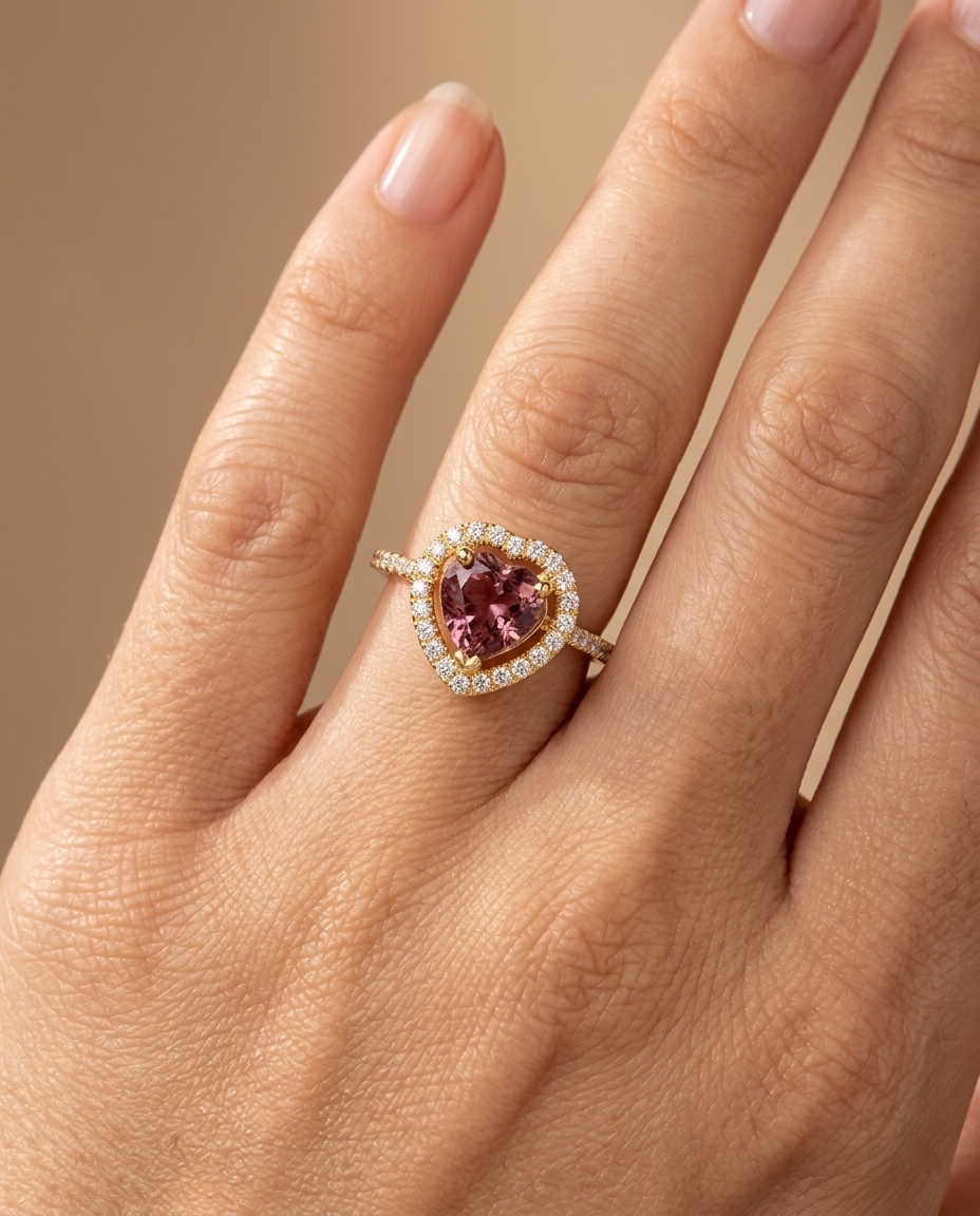 14KT Yellow Gold Heart Shape Pink Tourmaline and Diamonds Ring on model