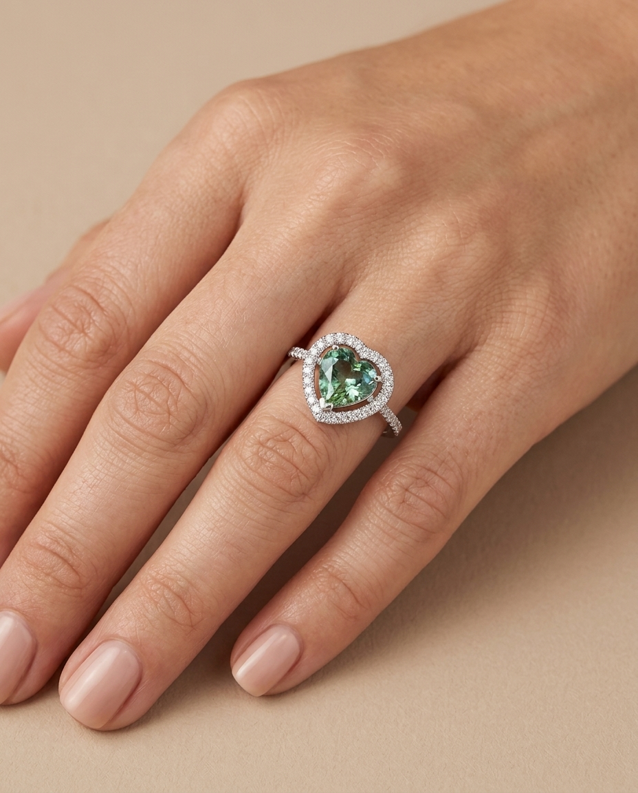 14KT White Gold Heart Shape Green Tourmaline and Diamonds Ring on model