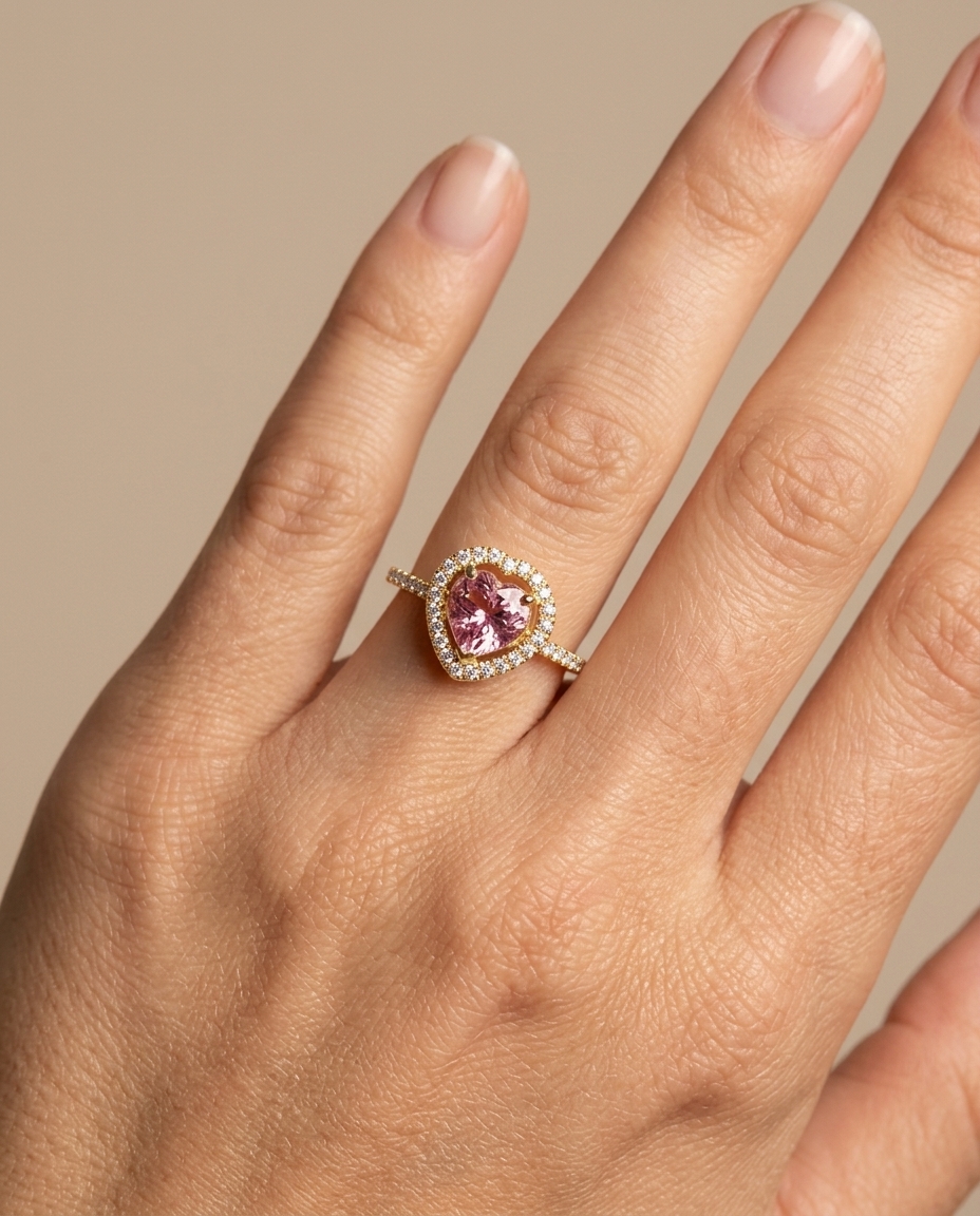 14KT Yellow Gold Heart Shape Pink Tourmaline and Diamonds Ring on model
