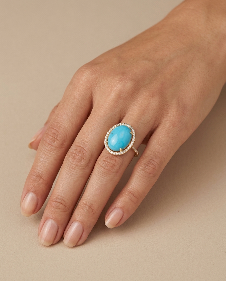 14KT Yellow Gold Turquoise and Diamond Ring on model