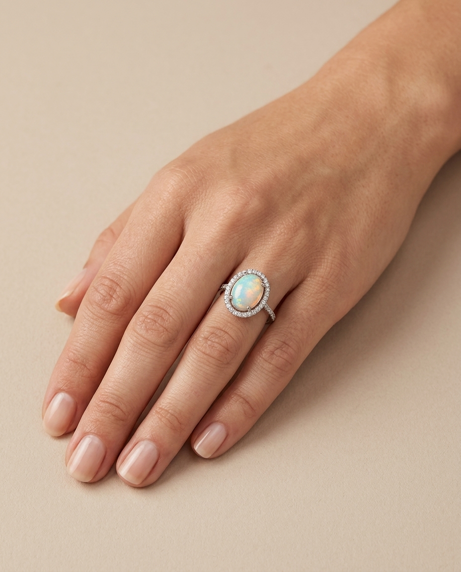 14KT White Gold Opal Ring with Diamonds on model