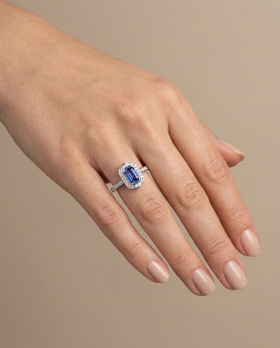 14KT White Gold Tanzanite Emerald Cut with Diamonds Ring on model