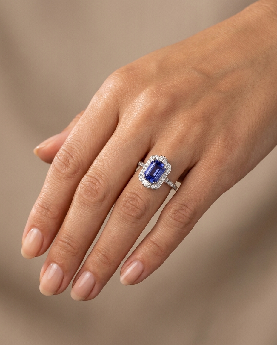14KT White Gold Tanzanite Emerald Cut Ring with Diamonds on model