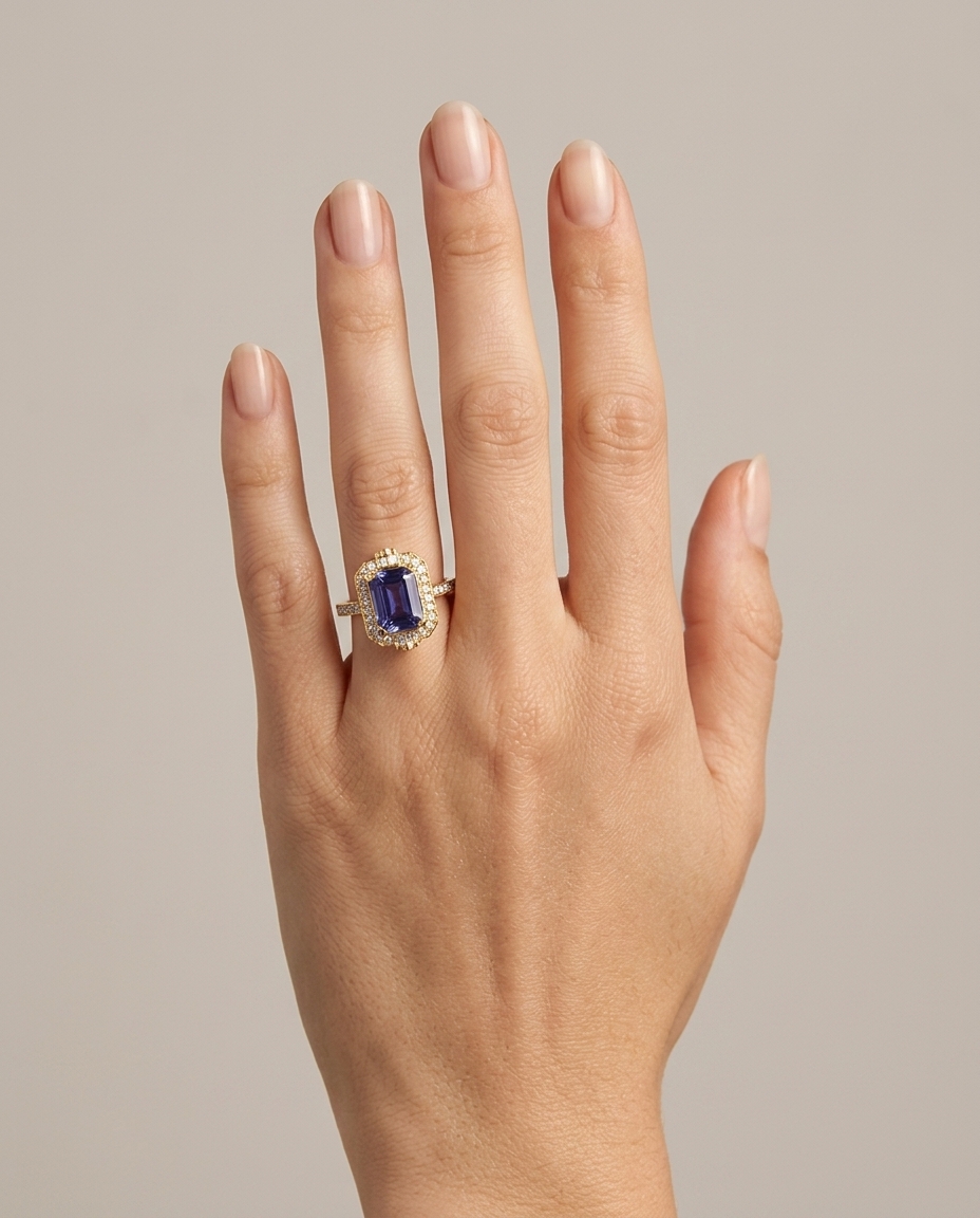 14KT Yellow Gold Tanzanite Emerald Cut Ring with Diamonds on model