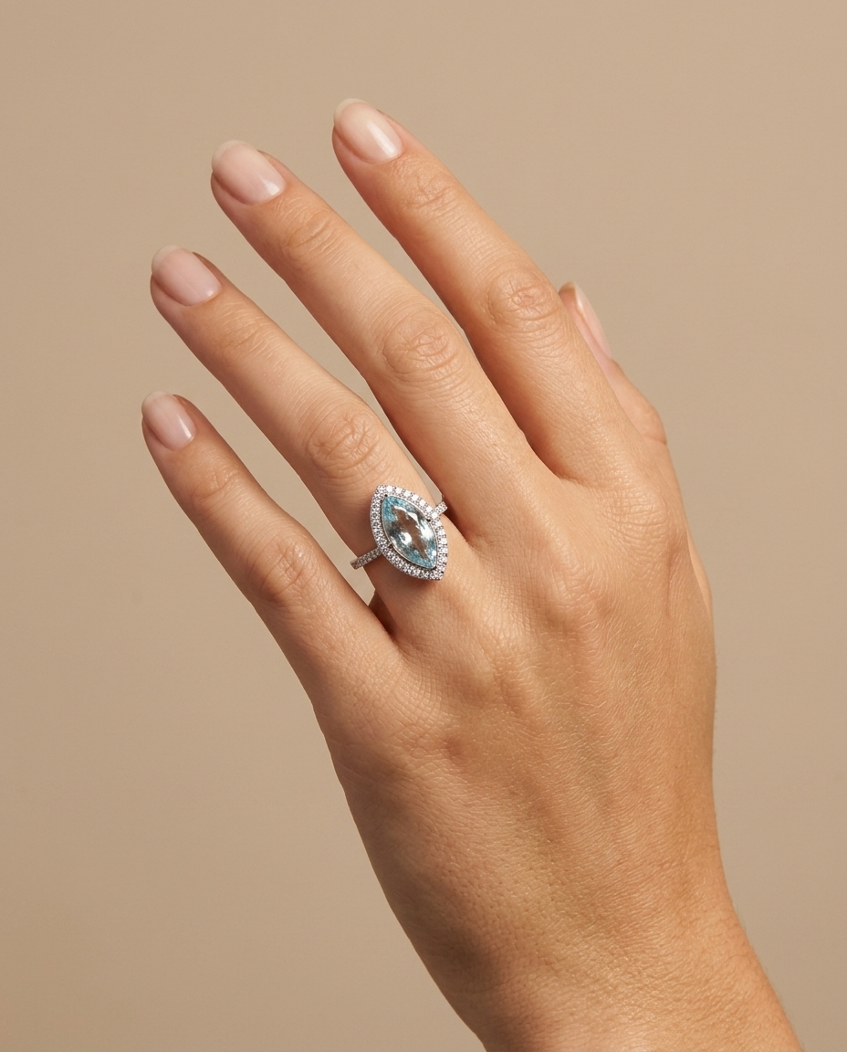 14KT White Gold Aquamarine and Diamonds Ring on model