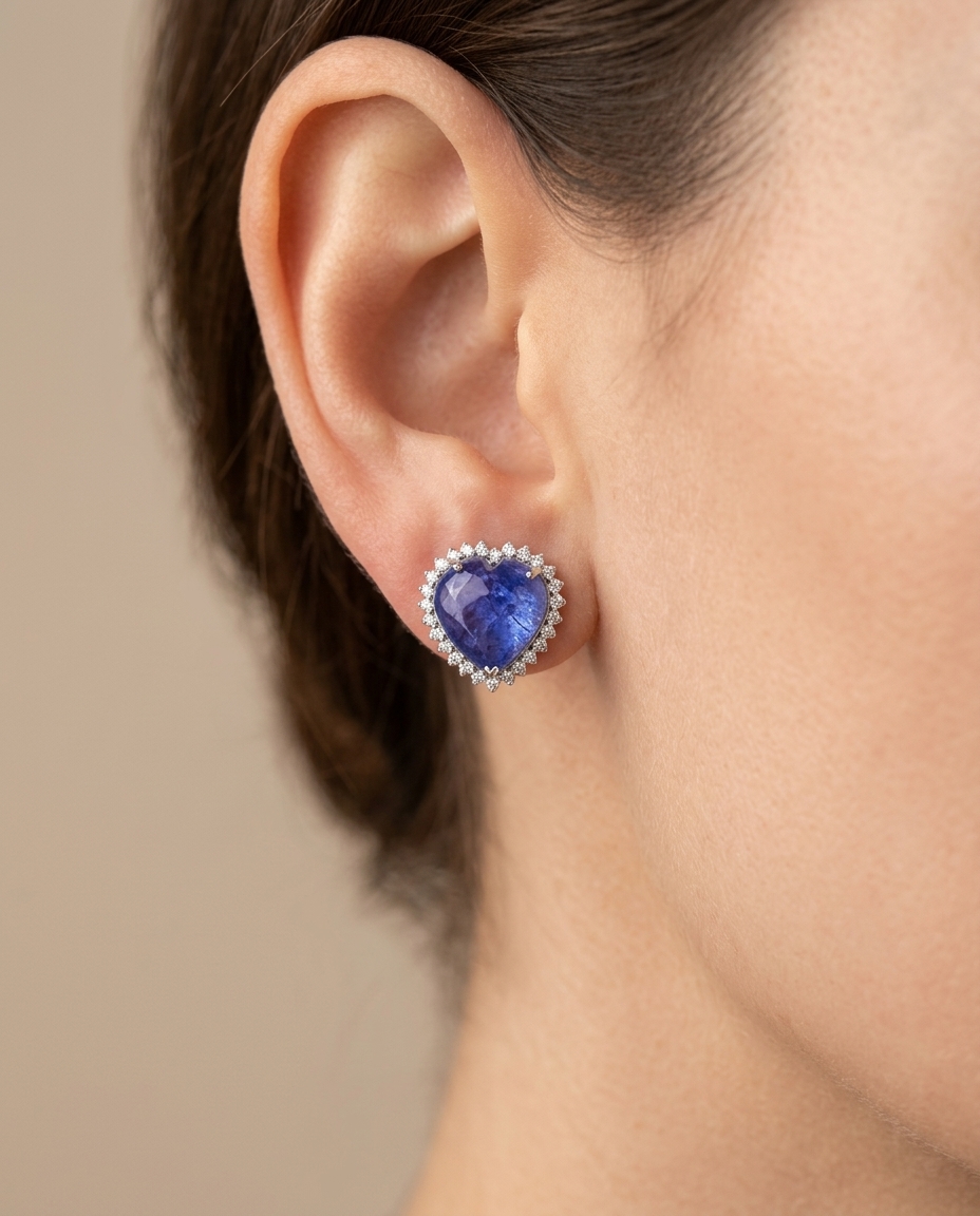 14KT White Gold Heart Shape Tanzanite and Diamond Ring on model