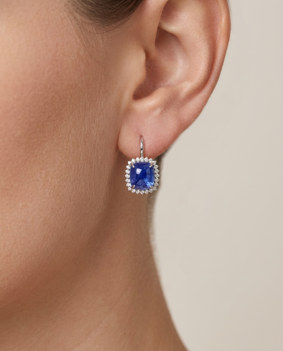 14KT White Gold Tanzanite and Diamond Ring on model