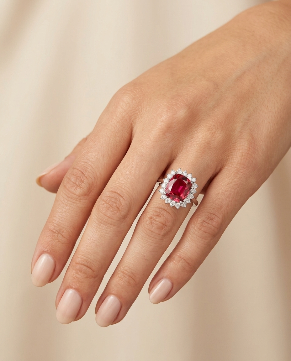 14KT White Gold Pink Tourmaline and Diamonds Ring on model