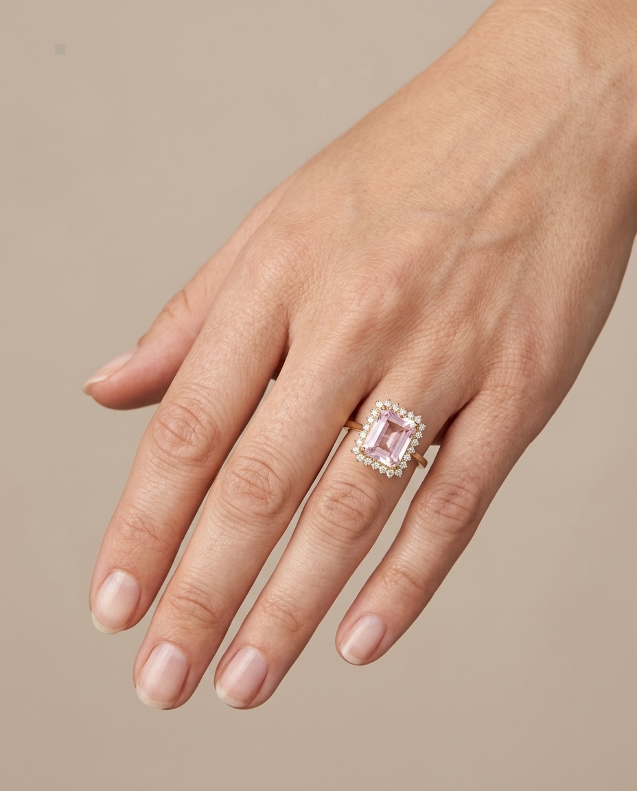 14KT Yellow Gold Kunzite and Diamonds Ring on model