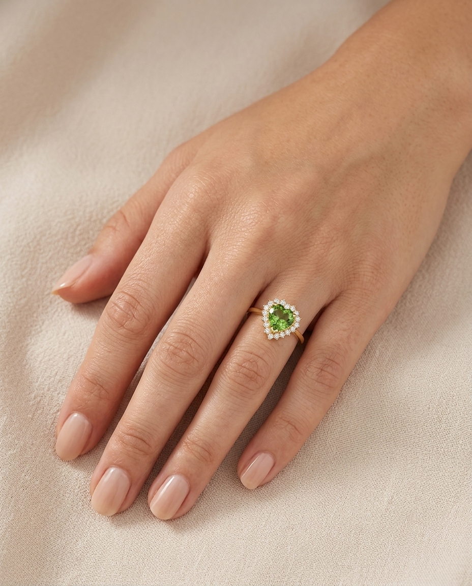 14KT Yellow Gold Green Tourmaline and Diamonds Heart Shape Ring on model