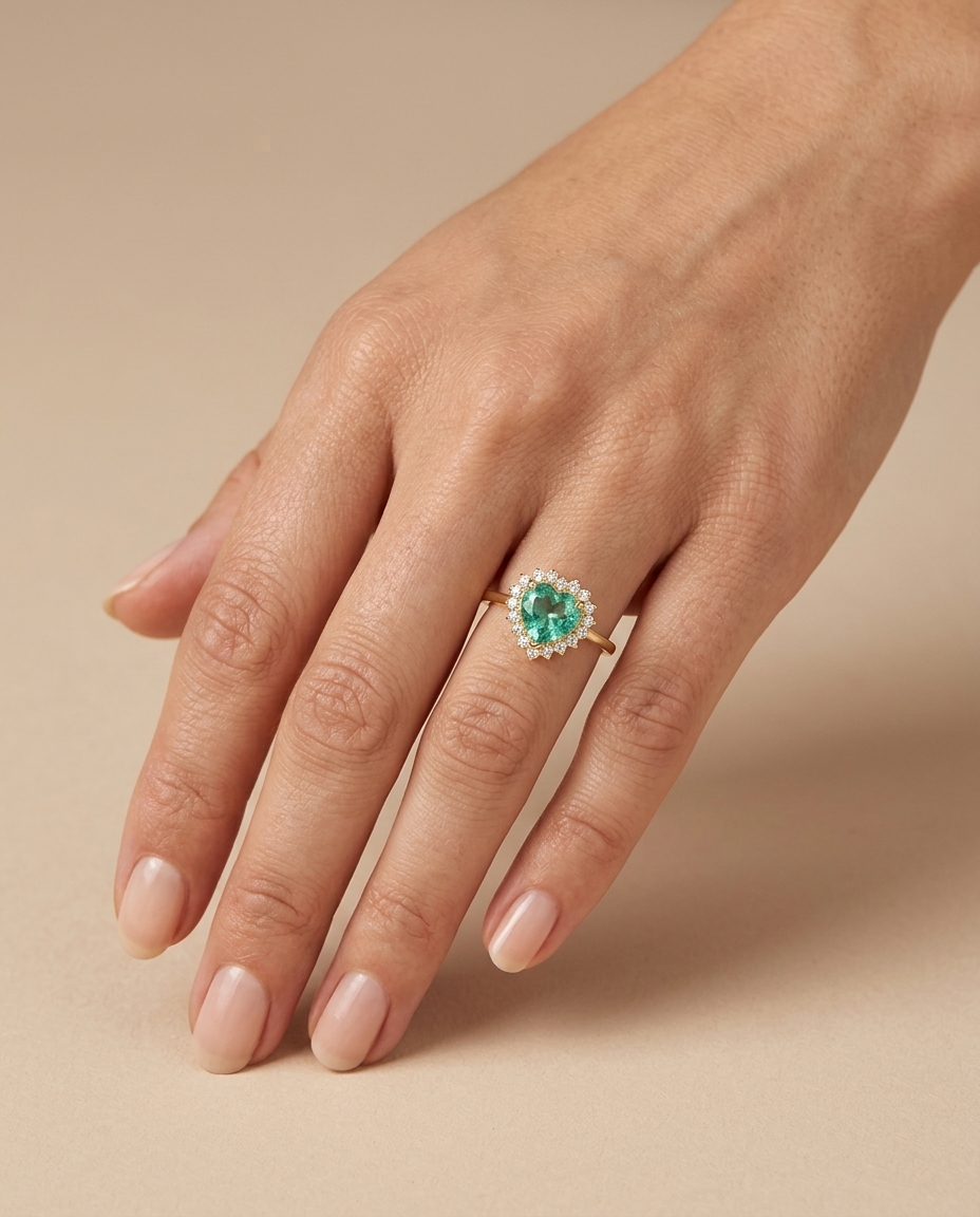 14KT Yellow Gold Green Tourmaline and Diamonds Heart Shape Ring on model