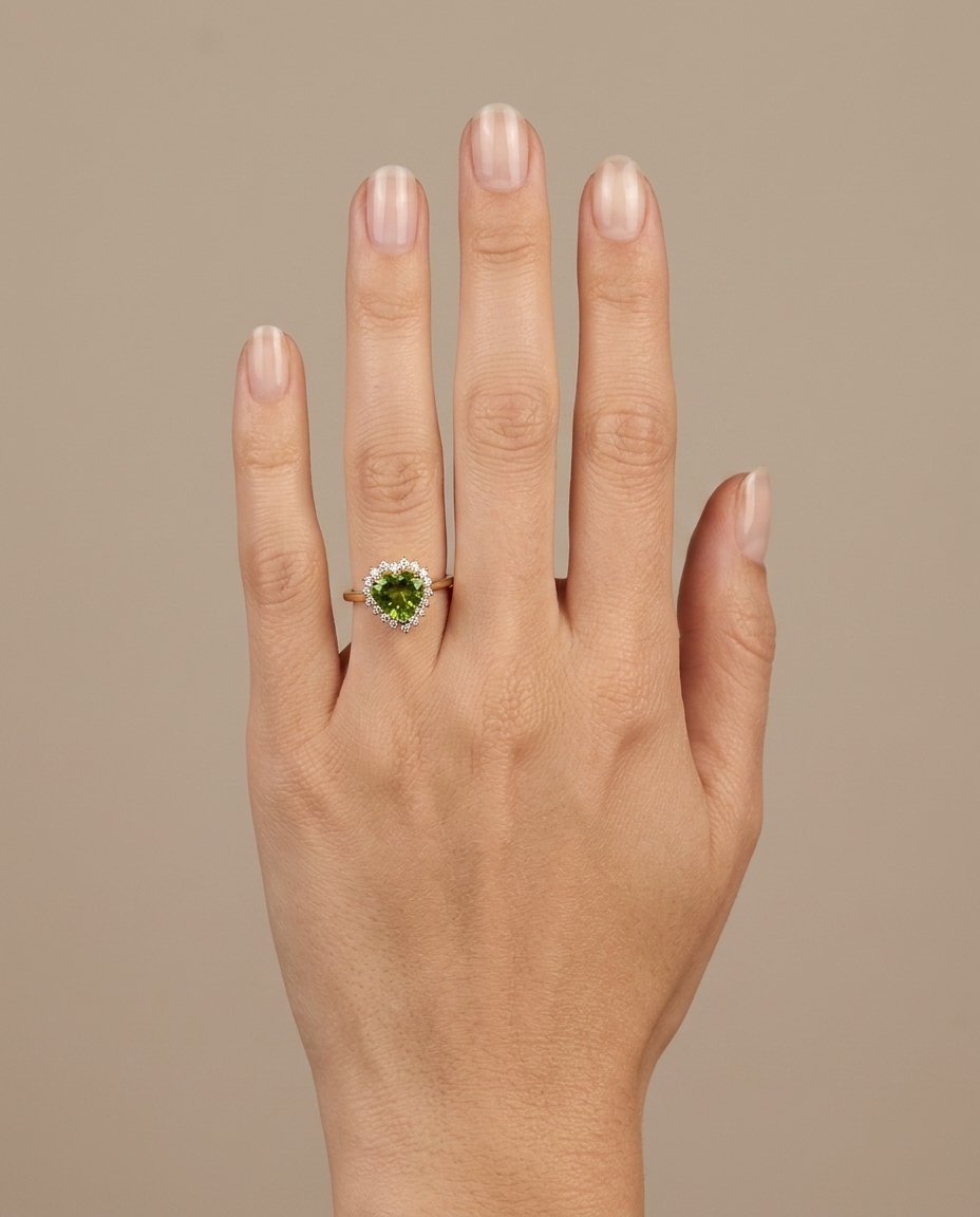 14KT Yellow Gold Green Tourmaline and Diamonds Heart Shape Ring on model