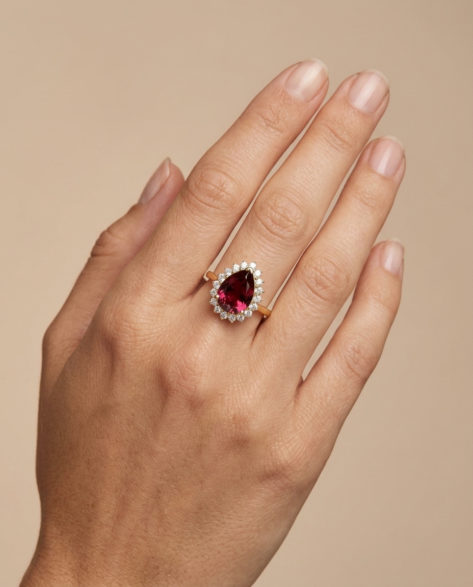 14KT Yellow Gold Pink Tourmaline and Diamonds Ring on model