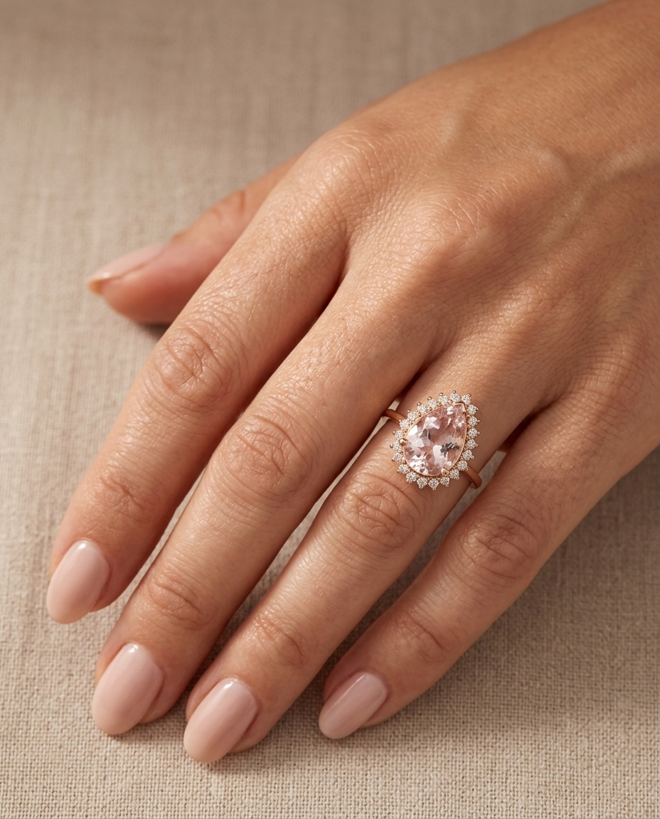14KT Rose Gold Kunzite and Diamonds Ring on model