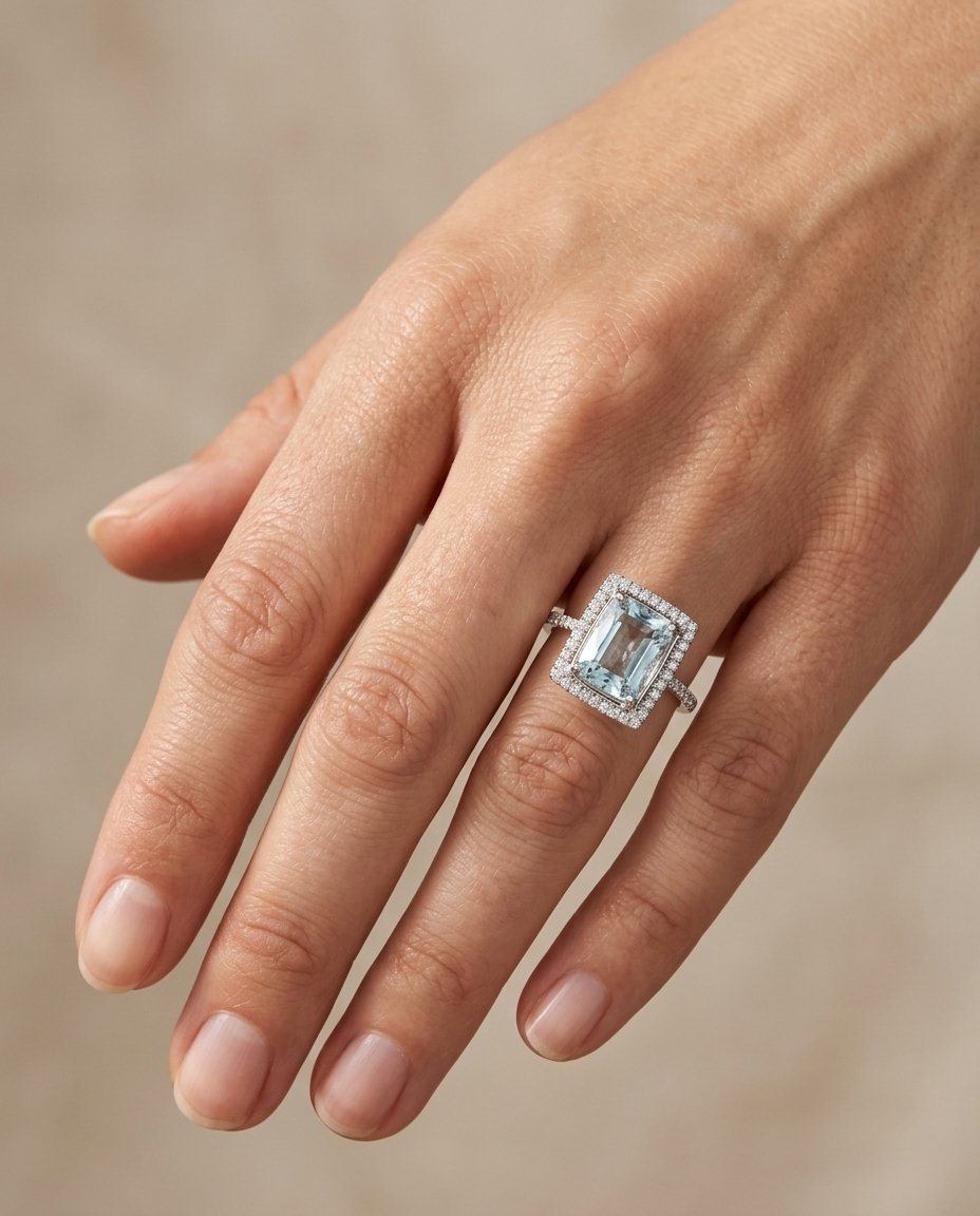 14KT White Gold Aquamarine and Diamonds Ring on model
