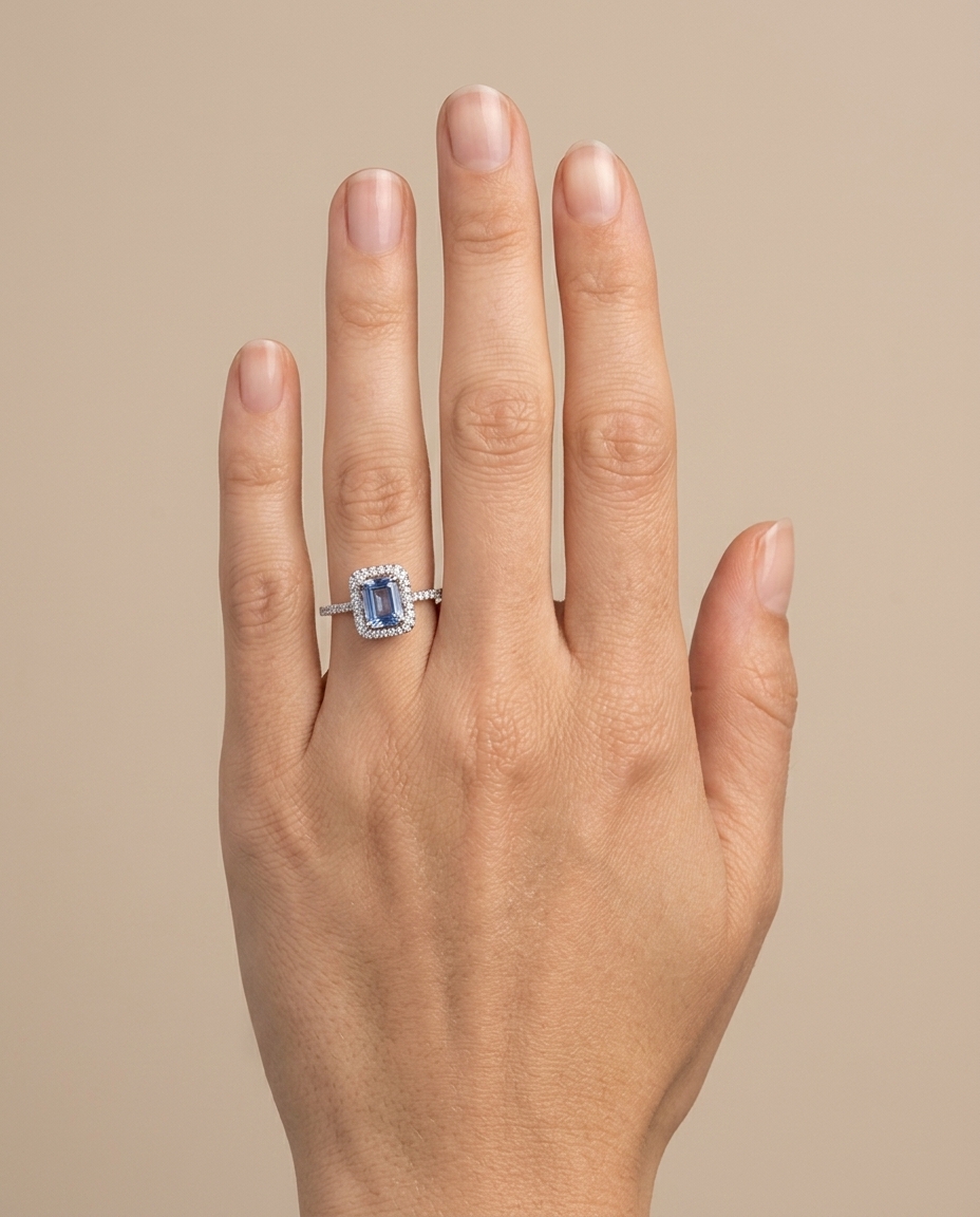 14KT White Gold Tanzanite Emerald Cut Ring with Diamonds on model