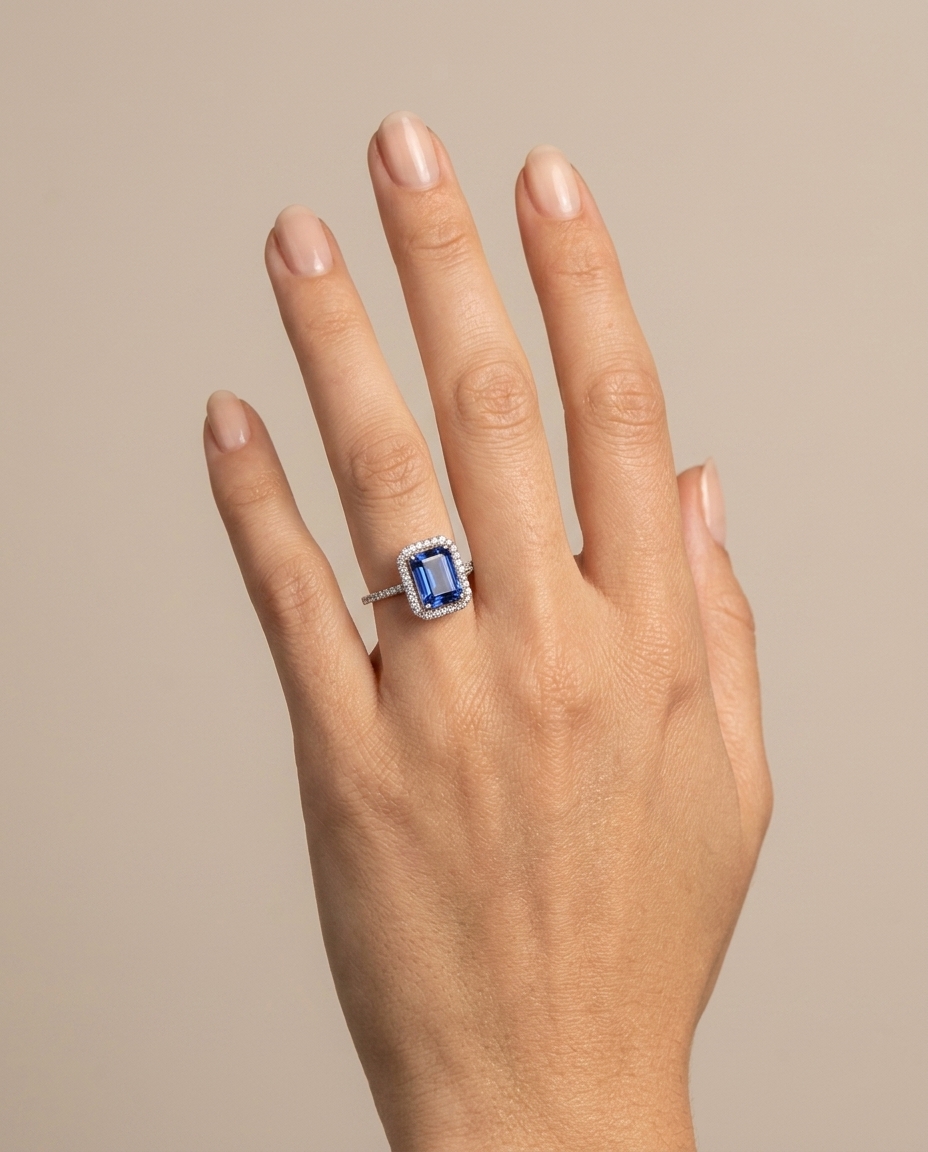14KT White Gold Tanzanite Emerald Cut Ring with Diamonds on model