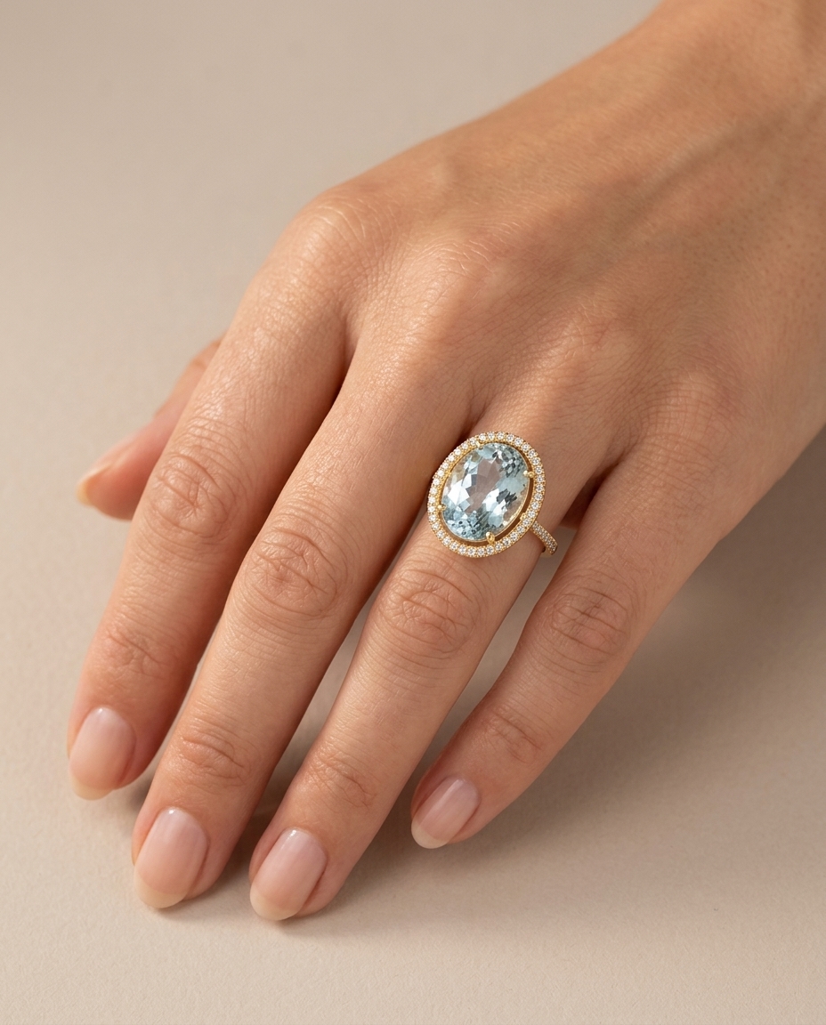 14KT Yellow Gold Aquamarine and Diamonds Ring on model
