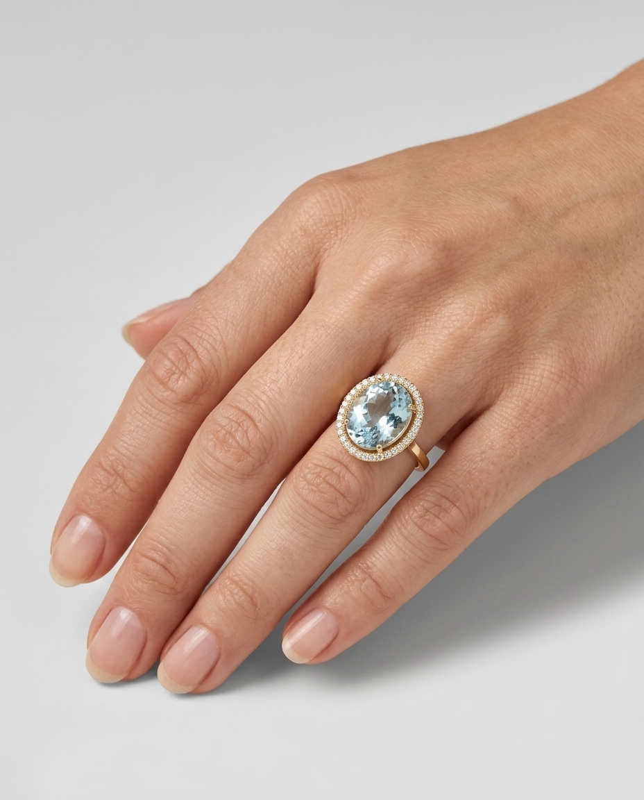 14KT Yellow Gold Aquamarine and Diamonds Ring on model