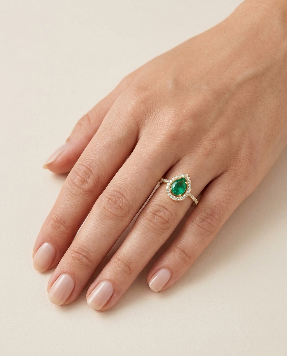 14KT Yellow Gold Emerald and Diamonds Ring on model