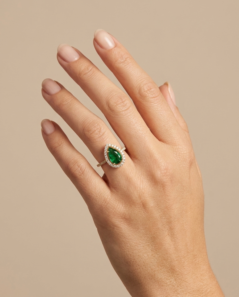 14KT Yellow Gold Emerald and Diamonds Ring on model