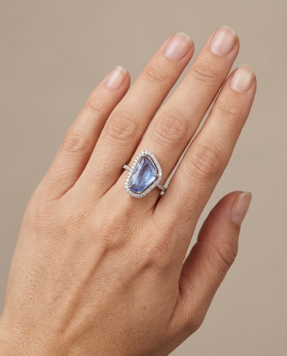 14KT White Gold Tanzanite and Diamonds Ring on model