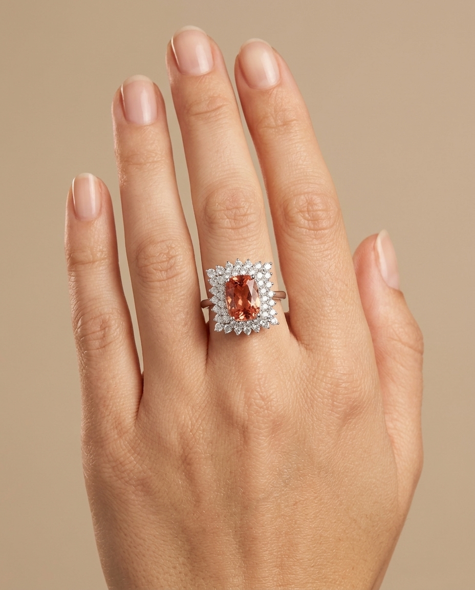 14KT White Gold Pink Tourmaline and Diamonds Ring on model