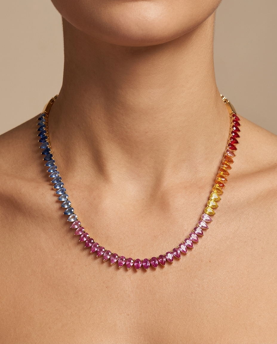 14KT Yellow Gold Multi Sapphire Necklace on model