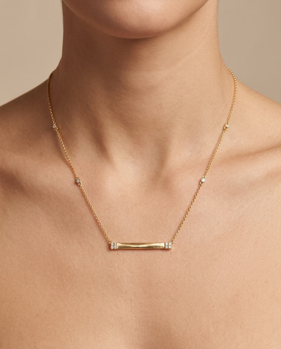 14KT Yellow Gold Diamond Bar Necklace on model