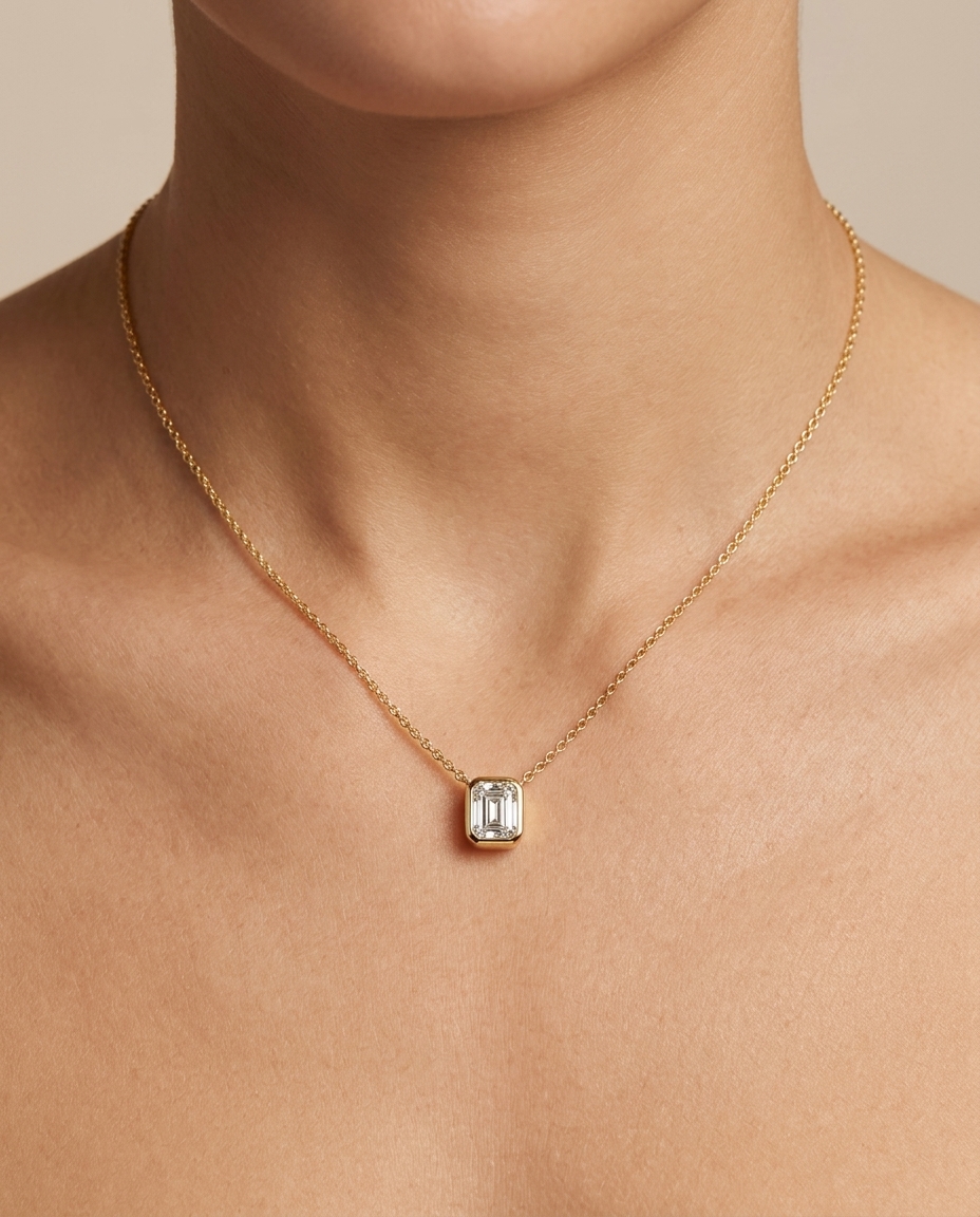 14KT Gold Baguette Bezeled Diamond Pendant Necklace on model