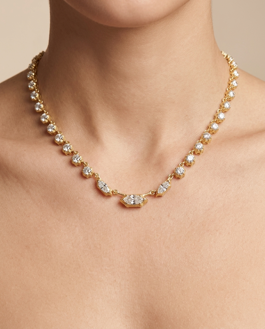 14KT Yellow Gold Diamonds Necklace on model