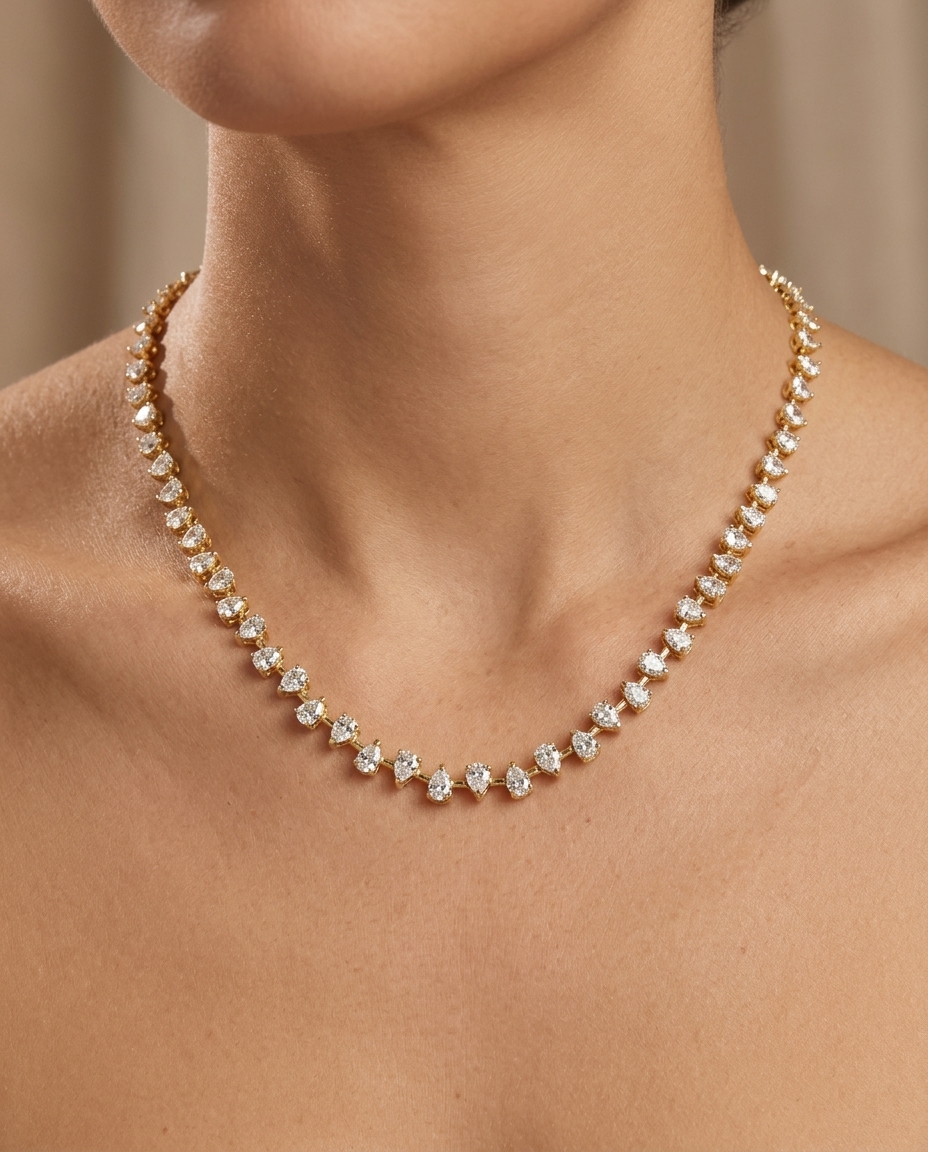 14KT Yellow Gold Pear Shape Diamond Necklace on model