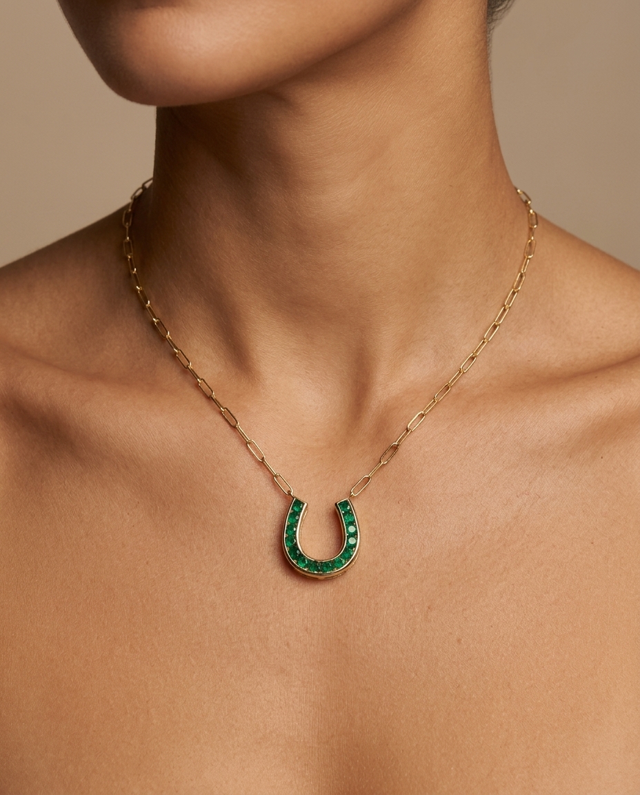 14KT Yellow Gold Emerald Horseshoe Necklace on model