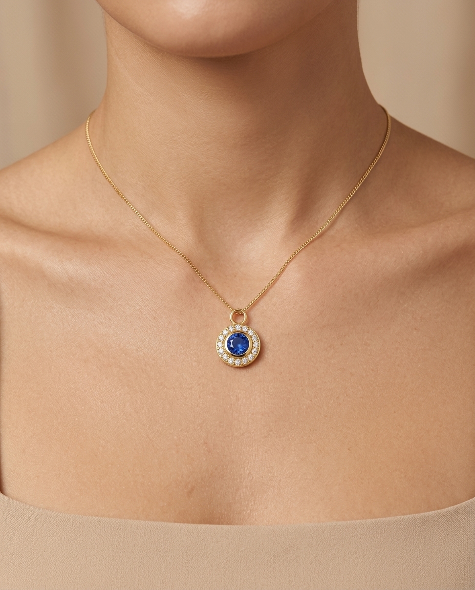 14KT Yellow Gold Blue Sapphire Circle Pendant on model