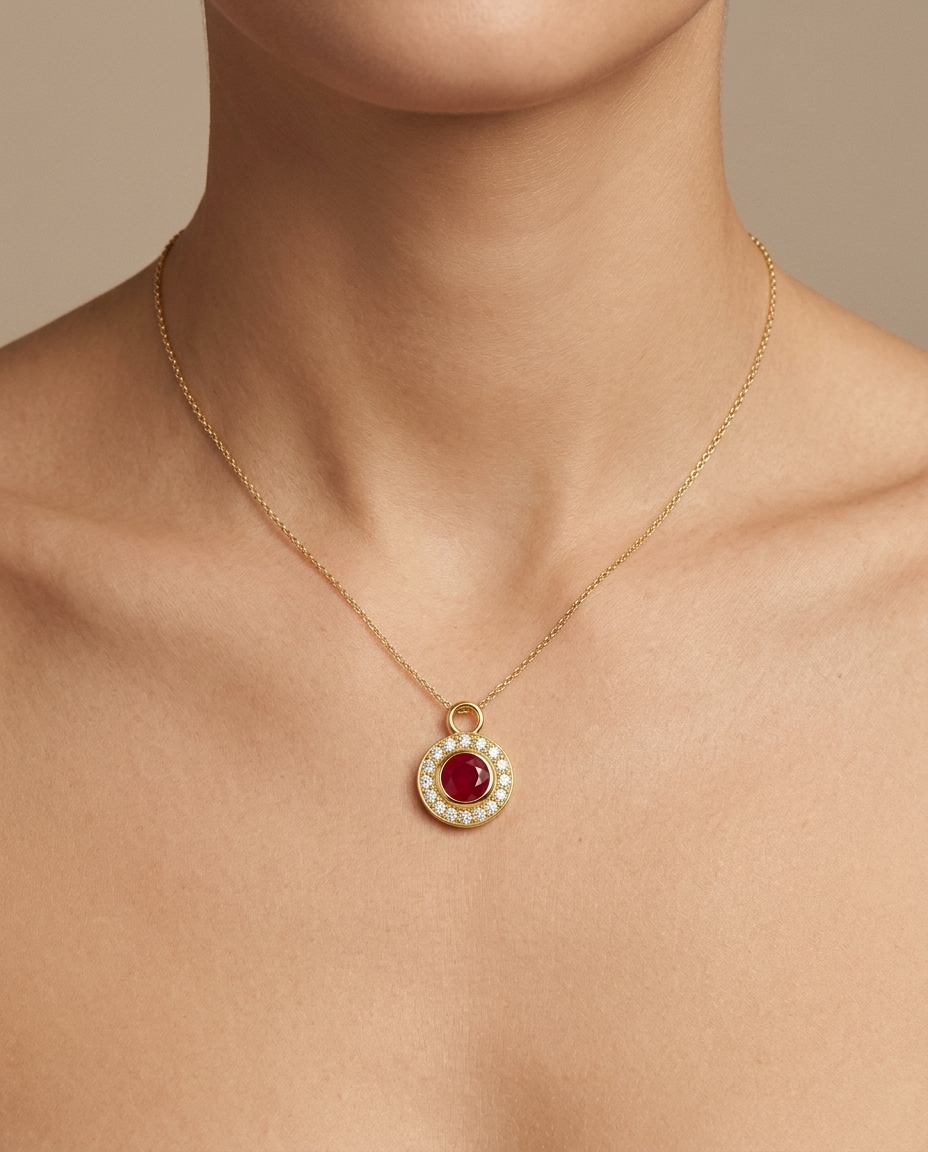 14KT Yellow Gold Ruby Circle Pendant on model