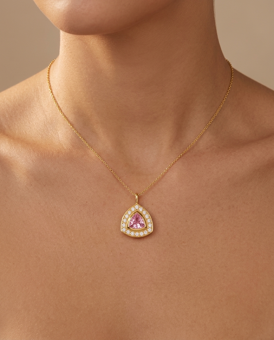 14KT Yellow Gold Pink Sapphire Triangle Pendant on model