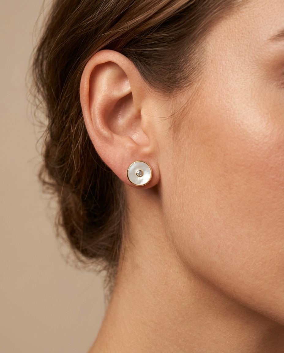 14KT Yellow Gold Mother of Pearl with Diamond Round Earring on model