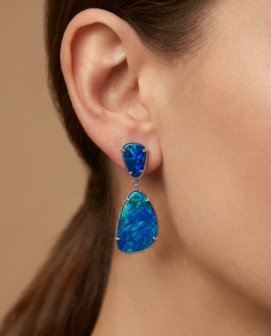 14KT White Gold Opal Earring on model