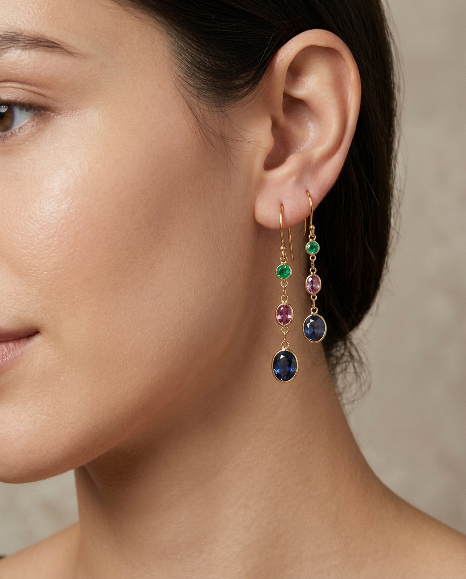 18KT Yellow Gold Emerald and Sapphire Earring on model