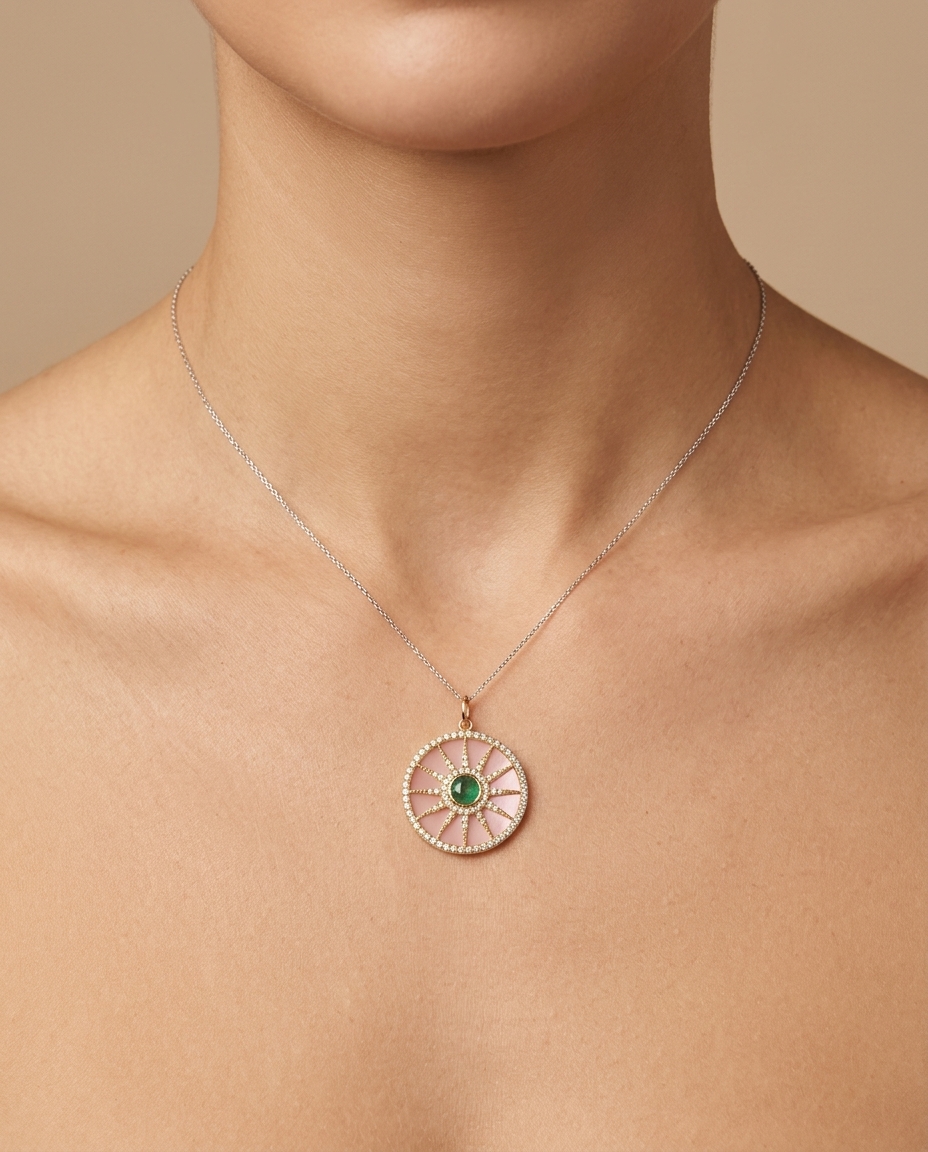 14KT Yellow Gold Pink Opal Pendant with Emerald and Diamonds on model