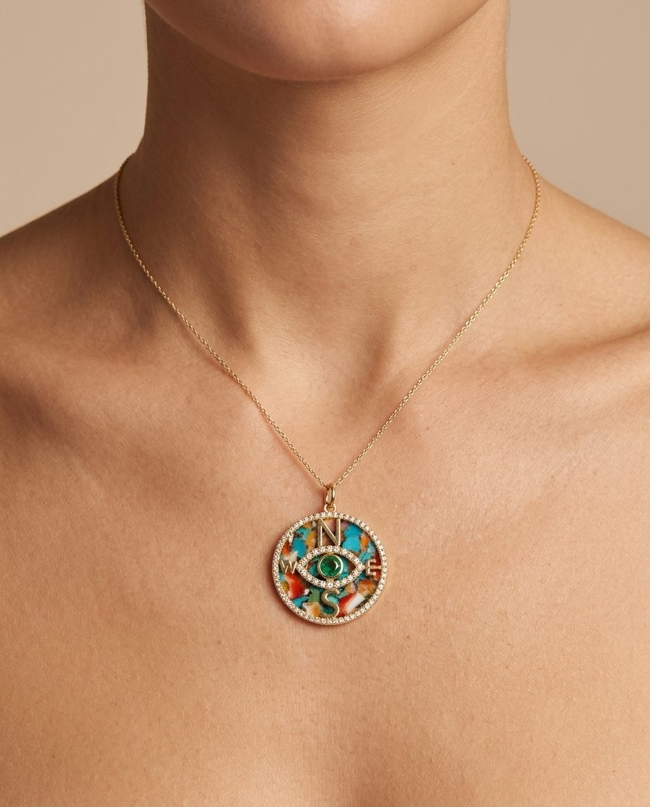 14KT Yellow Gold Oyster Turquoise and Emerald Evil Eye Compass Pendant with Diamonds on model