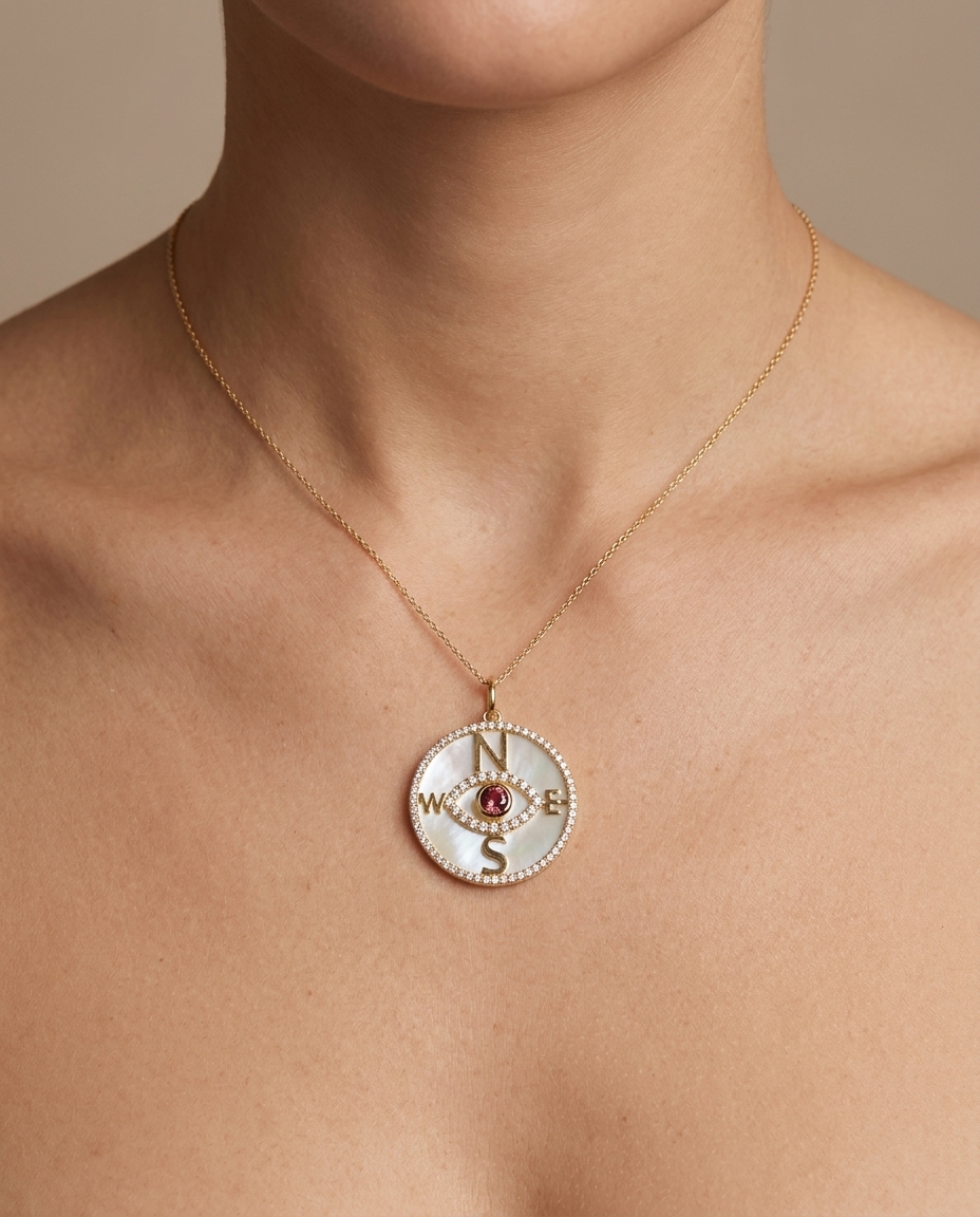 14KT Yellow Gold Mother of Pearl and Tourmaline Evil Eye Compass Pendant with Diamonds on model