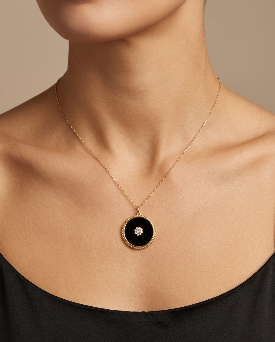 14KT Yellow Gold Black Onyx Pendant with Flower Diamonds on model