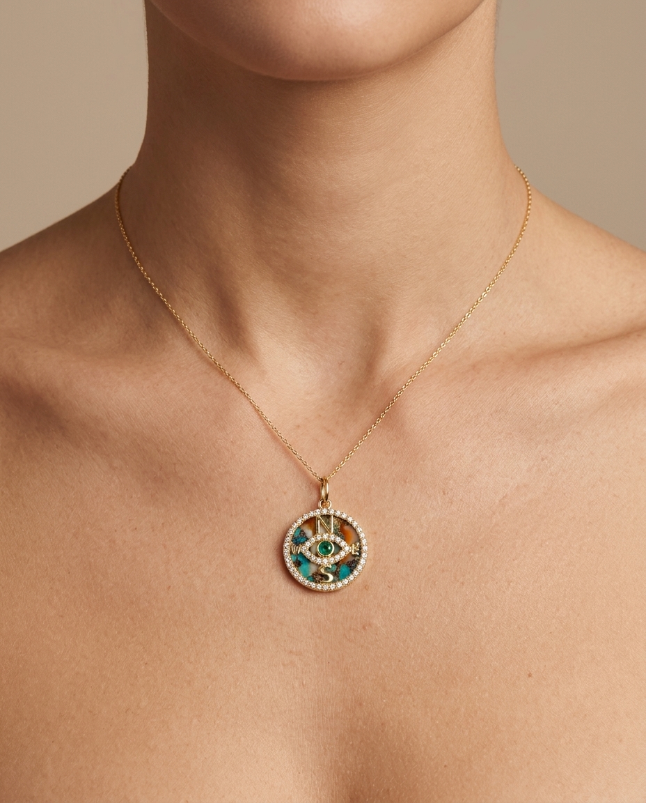 14KT Yellow Gold Oyster Turquoise and Emerald Evil Eye Compass Pendant with Diamonds on model