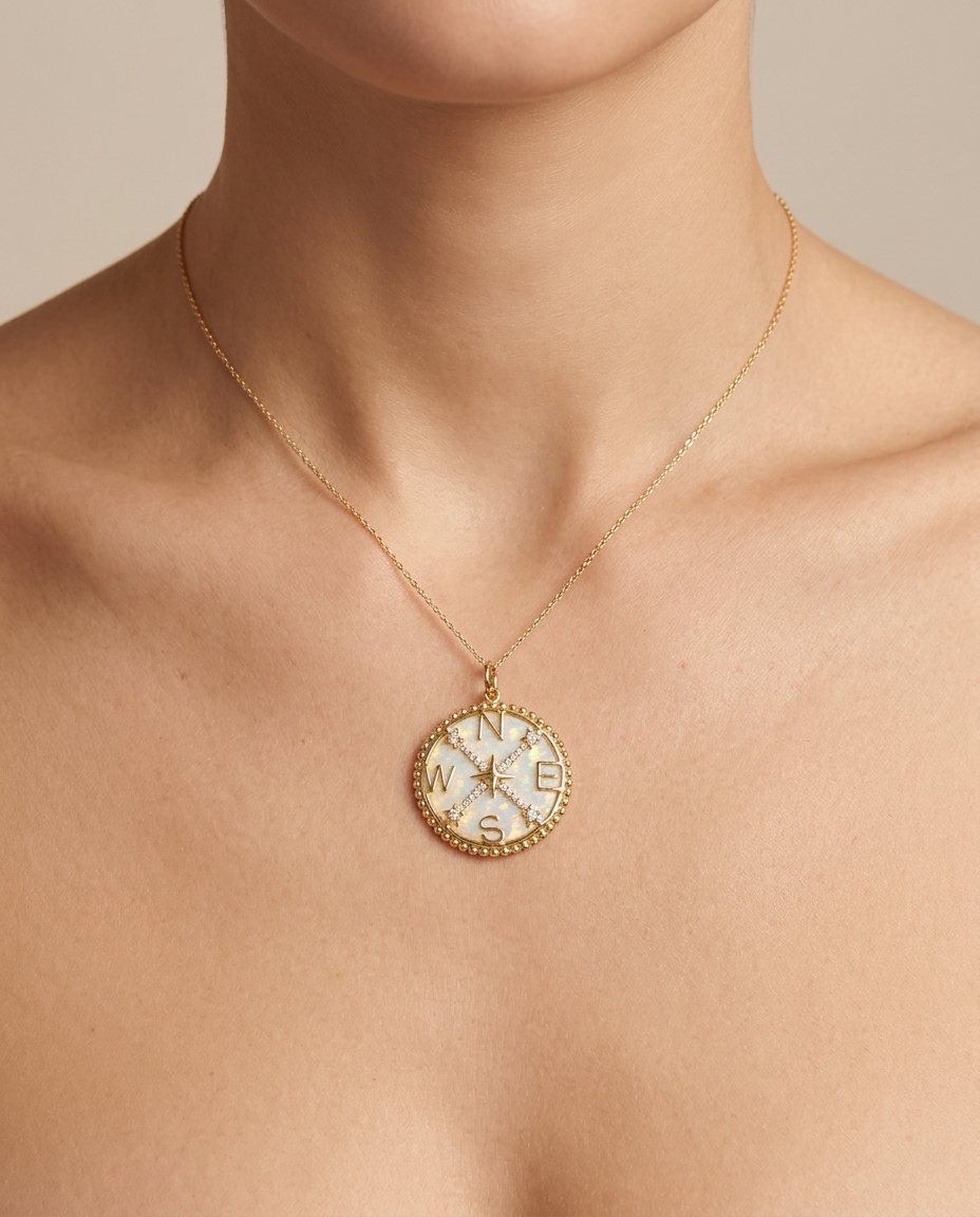 14KT Yellow Gold Opal and Diamond Compass Pendant on model