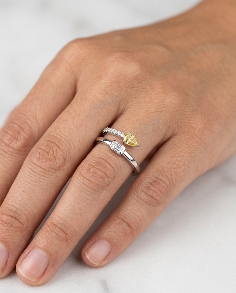 18KT White Gold Fancy Diamond Ring on model