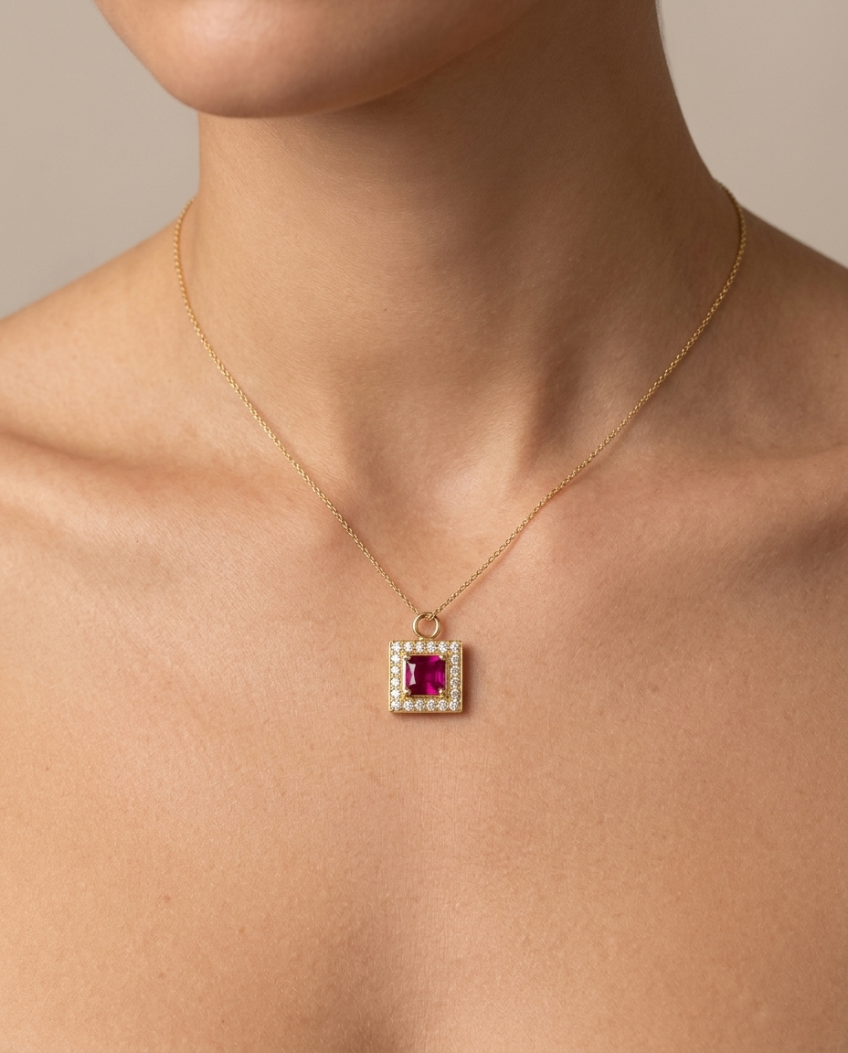 14KT Yellow Gold Ruby Square Pendant on model