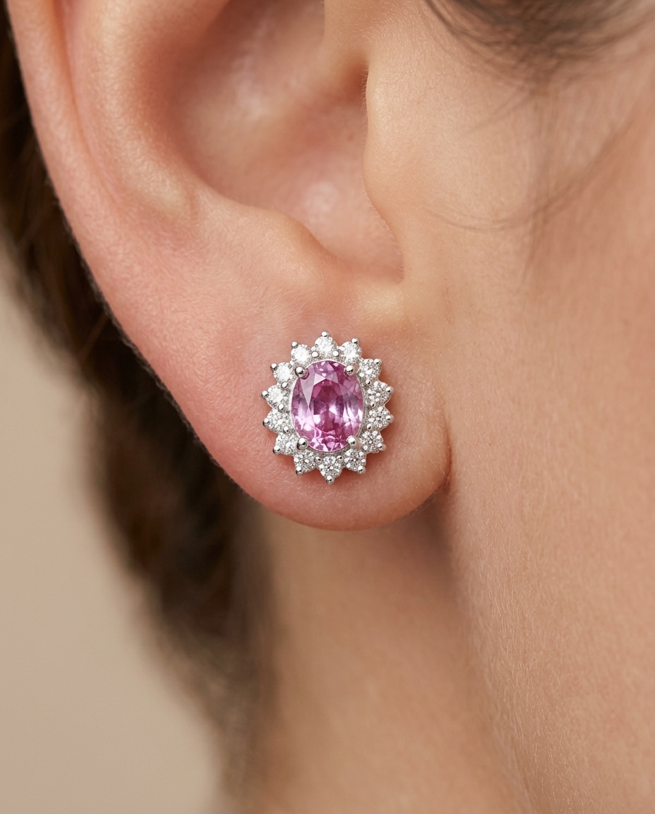 18KT White Gold Diamond and Pink Sapphire Pendent on model