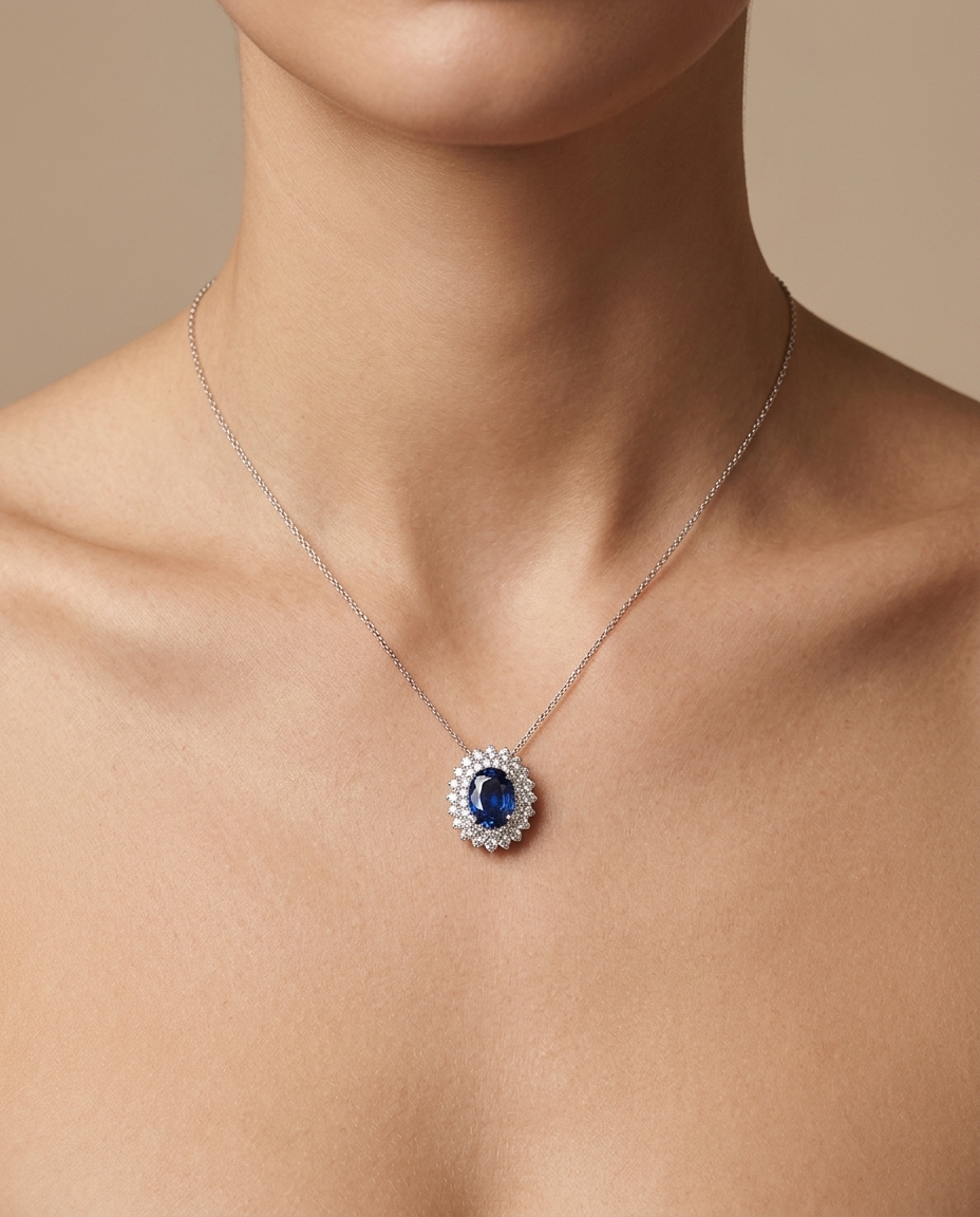 18KT White Gold Diamond and Sapphire Pendent on model